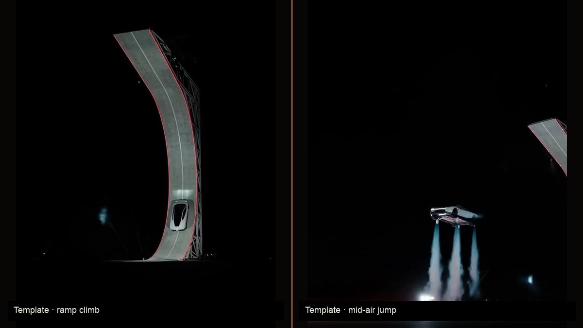 Two frames from this Flying Car AI ramp template — climb and mid-air jump
