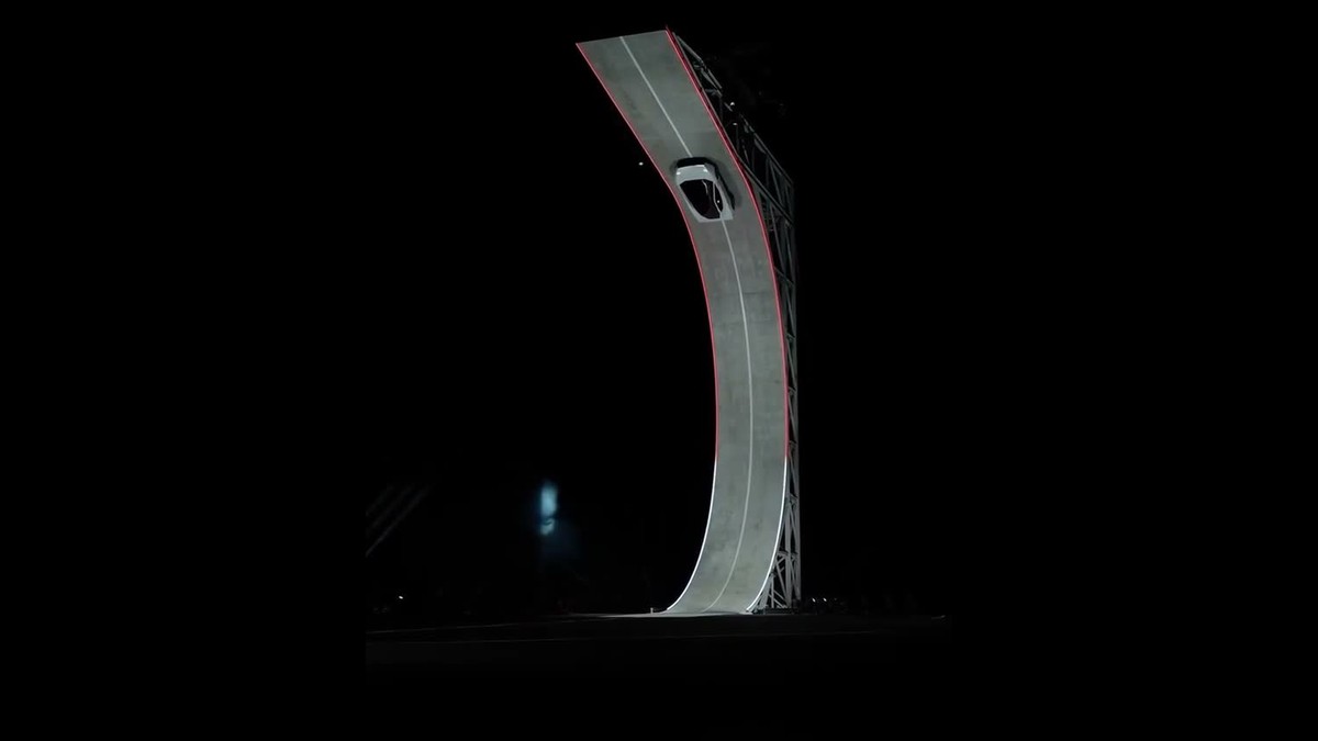 Flying car AI video showing a car doing the Tesla Roadster ramp flip